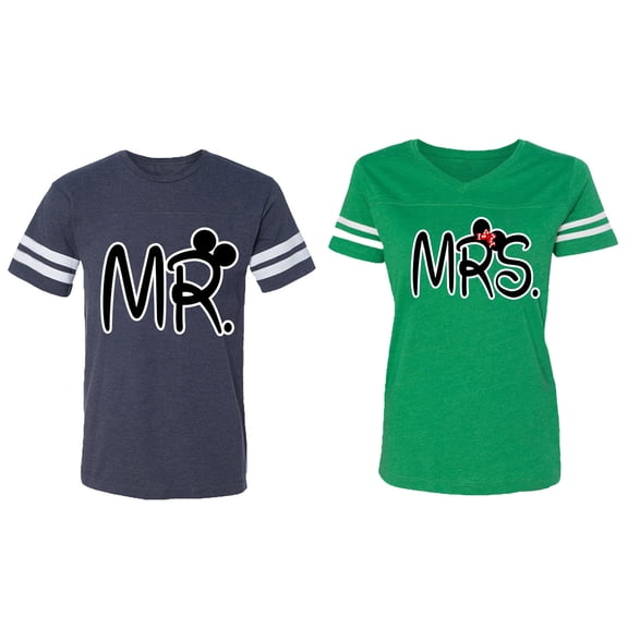 New Mr Mrs Matching Couple Cotton Jerseys (Men Navy / Women Green) (Men XXL / Women XXL)
