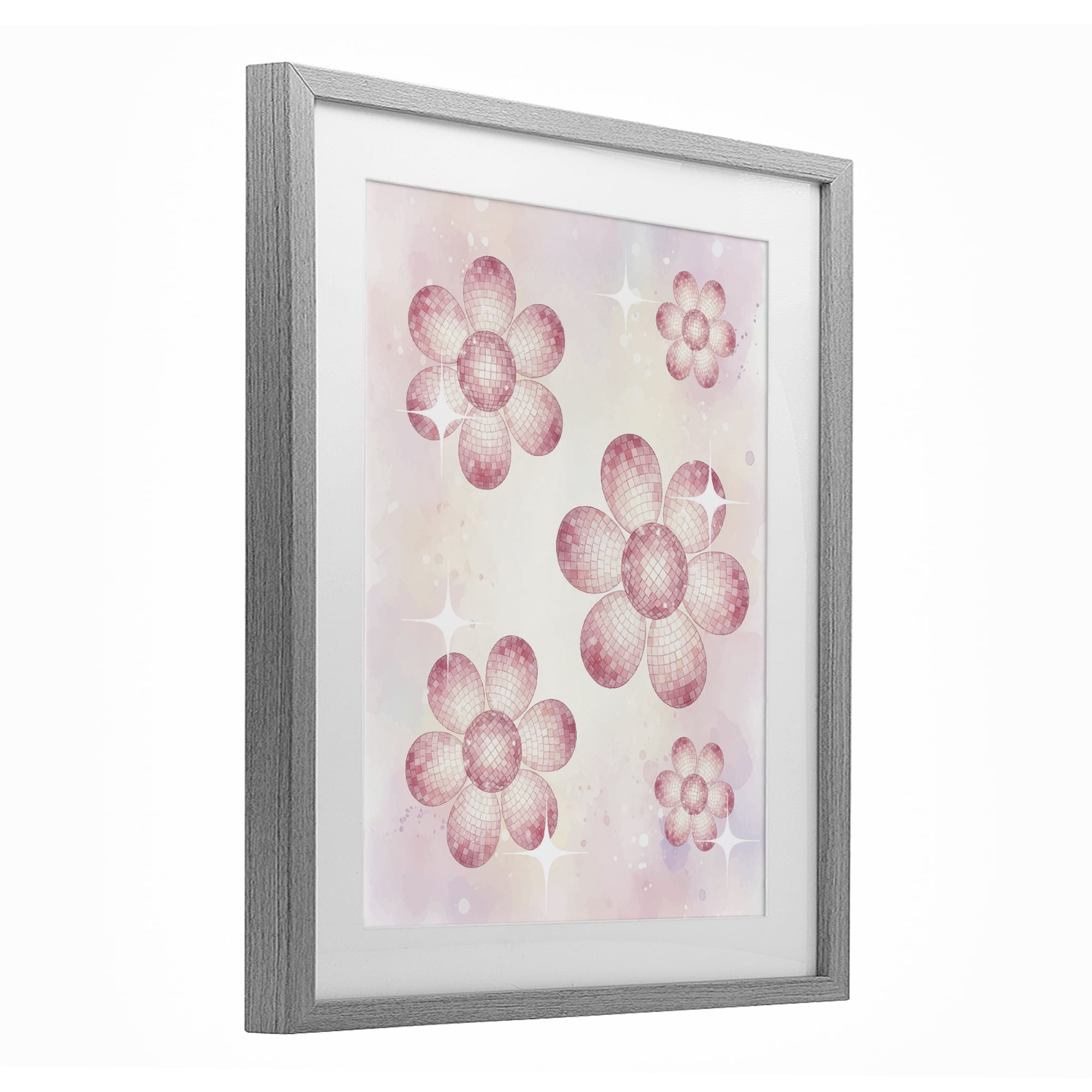 Stupell Industries Disco Ball Floral Patterns Gray Framed Print Under Glass, design by Lil' Rue