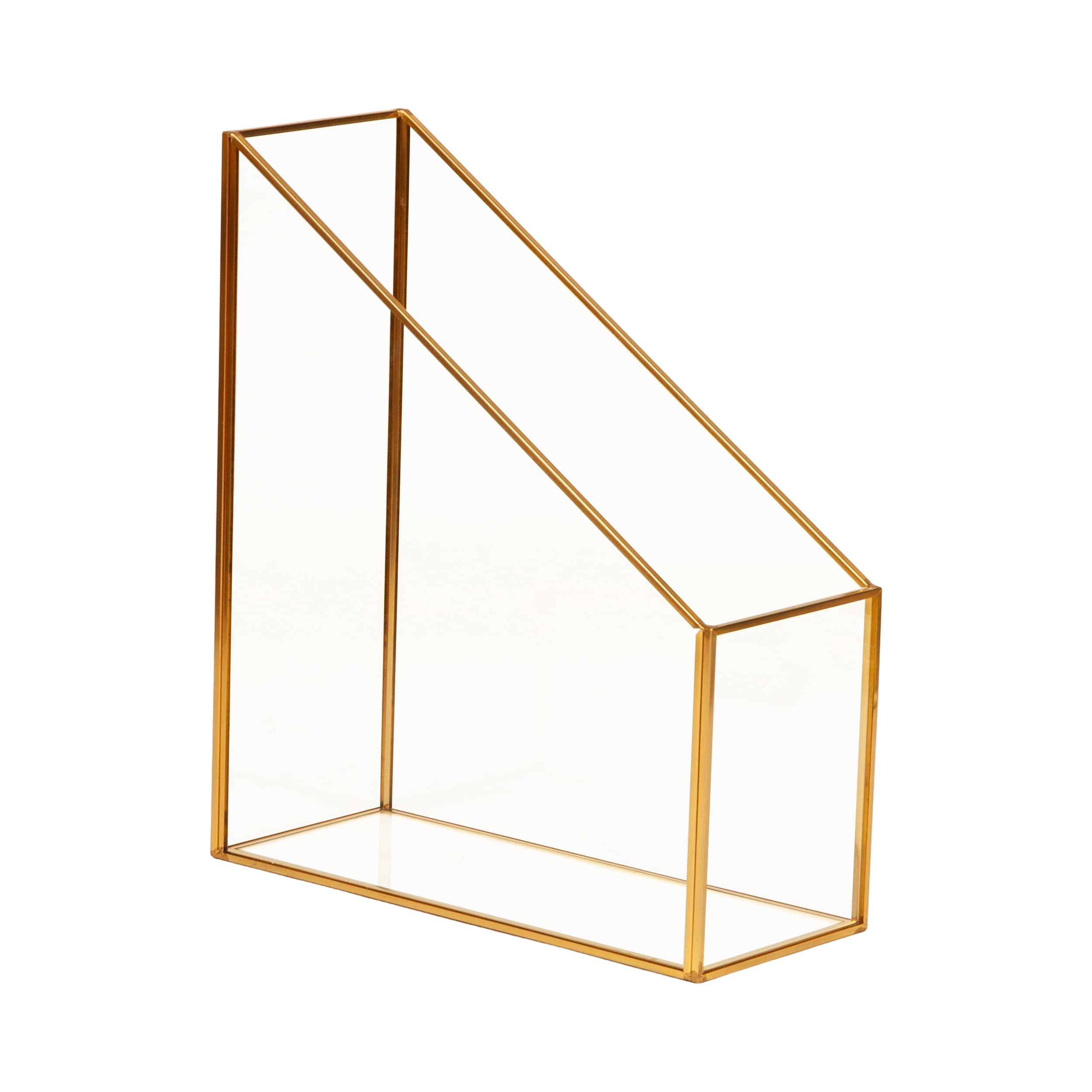 Mind Reader Vertical Glass File Holder with Copper Trim, Angled Magazine Organizer for Documents, Folders & Mail, Glass and Copper, Clear