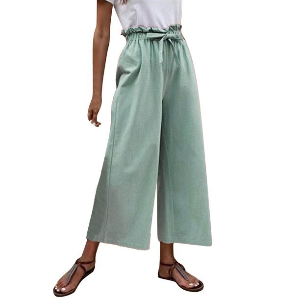 Gibobby pantalones de yoga Pantalón largo casual de lino y algodón de verano para mujer Pantalones casuales de cintura alta holgados (Glauco, XL)