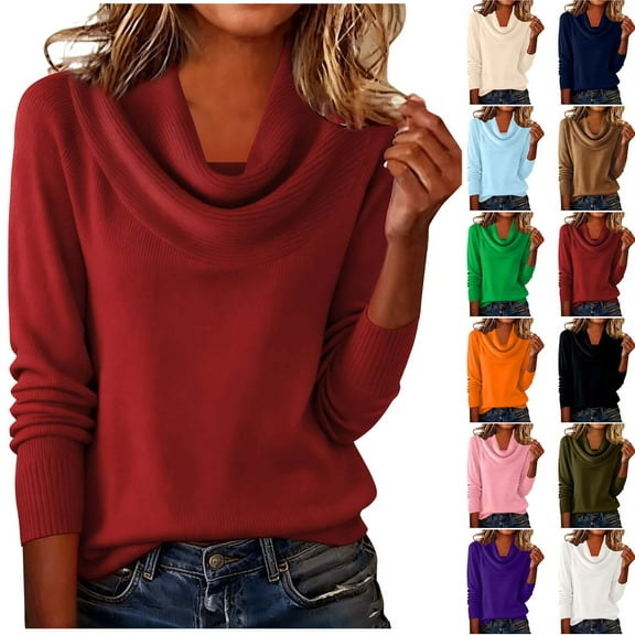 Womens Long Sleeve Cowl Neck Sweater Fall Casual Classic Loose Fit Pullover Sweaters Soft Lightweight Knit Jumper Top
