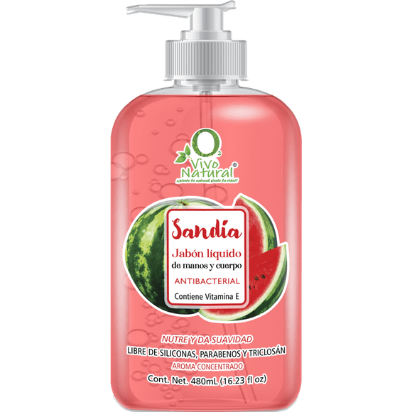 Jabón Líquido Antibacterial VivoNatural para Manos y Cuerpo 480 ml aroma Sandía con extracto de Aloe Vera