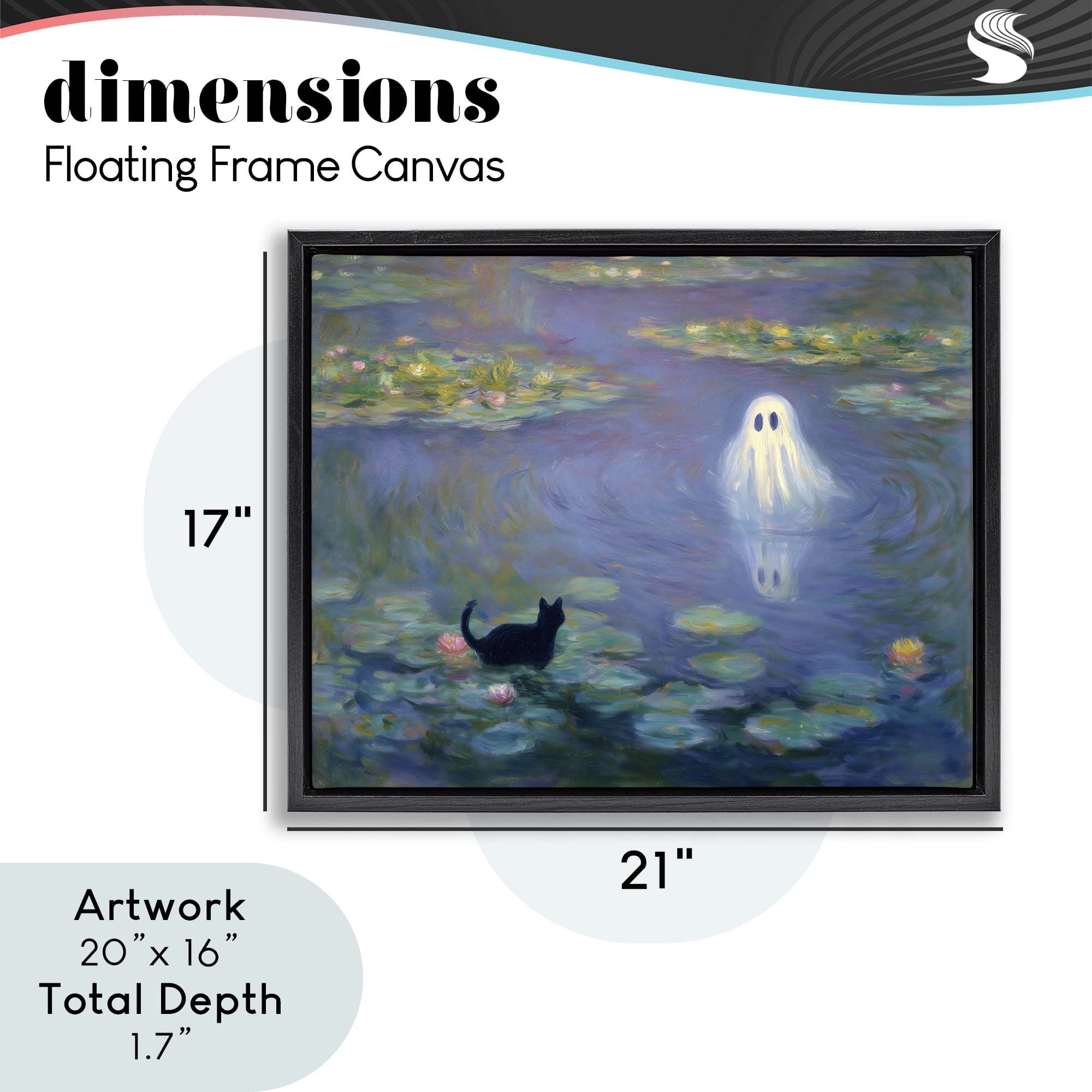 Water Lilies with Ghost & Kitty Black Framed Floater Canvas Wall Art, design by Arlington Prints