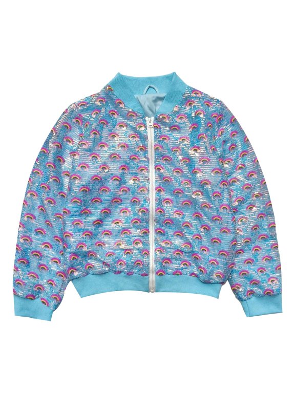 Toddler Kids Girls Sequin Rainbow Bomber Jacket with Zip Up Front for Party Dance Performance Outerwear Coat 6-7 Years