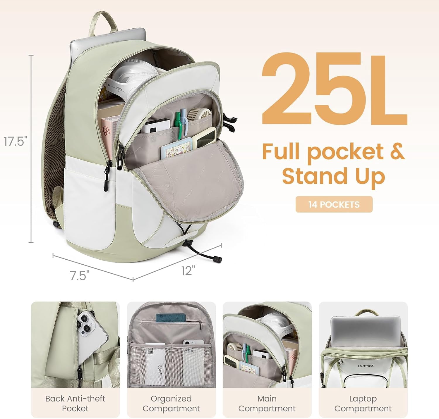 LOVEVOOK Laptop Backpack for Women with Pouch Pocket for Large Capacity Cup,15.6 Inch Work Computer Laptop Bag College Teacher Backpack Purse,Lightweight Travel Hiking Overnight Bag,White-Bean Green