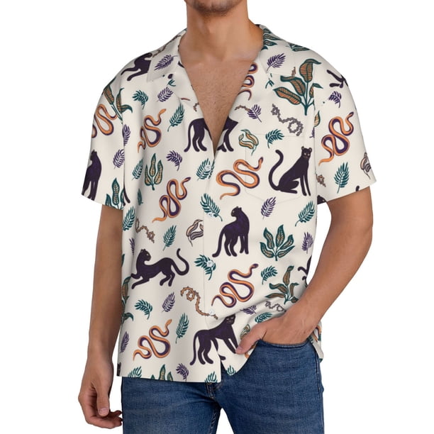 Balery Black Cat And Snake Camisa Casual de Manga Corta con Botones para Hombre, Texturizada, Estilo Cubano, para Playa, Verano-Medium