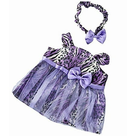 Dressed Teddy Bear - Purple Leopard Dress with Headband Teddy Bear Clothes Outfit Fits Most 14