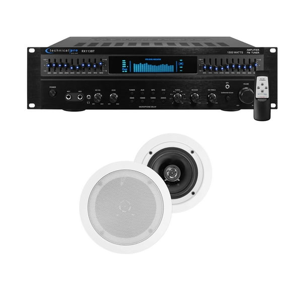 Technical Pro Home Theater Amplifier Receiver (2) 5.25" White Ceiling Speakers