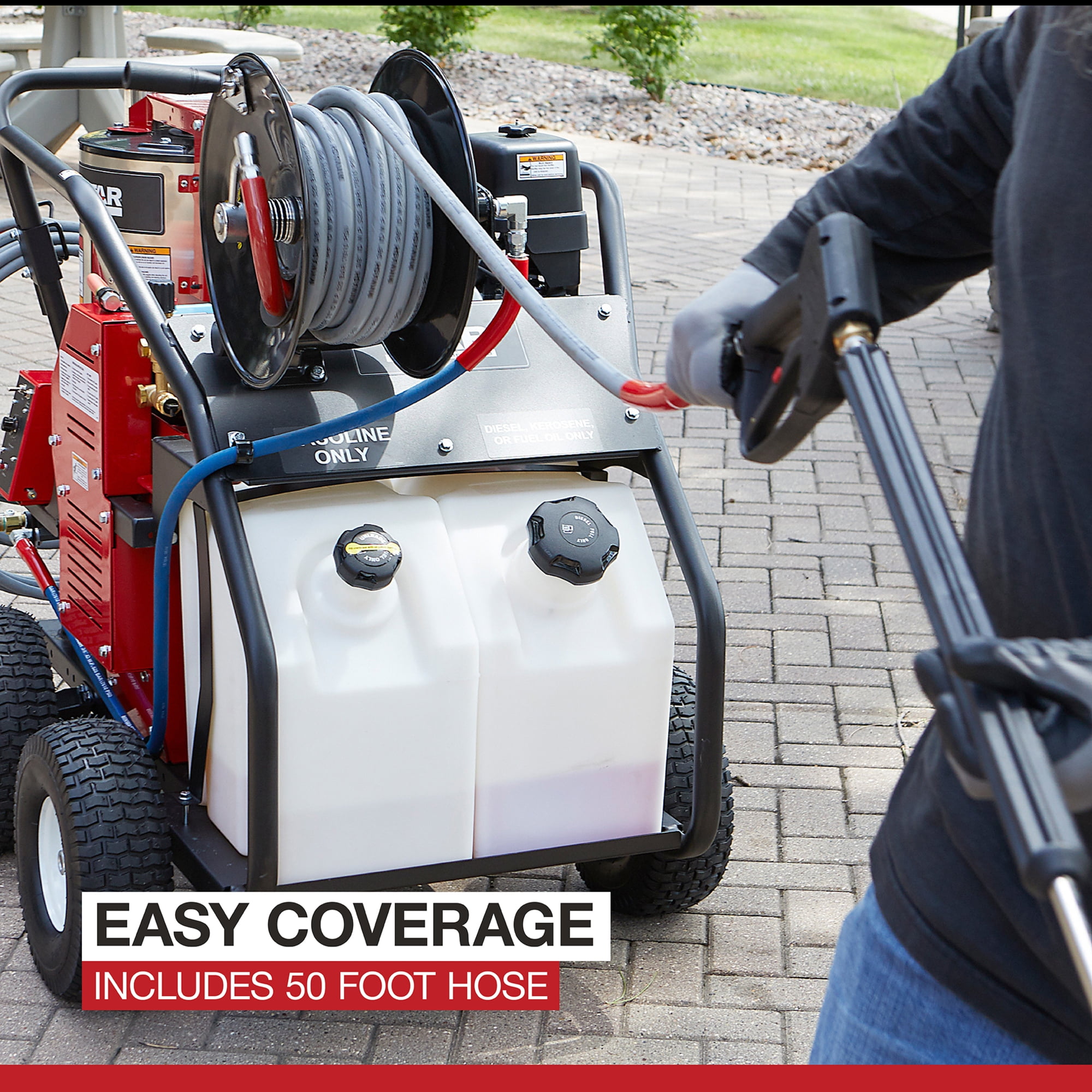 NorthStar Pressure Washer Hose Reel with 50ft. Steel-Braided Hose, 3/8in. x 100ft. Capacity, 5000 PSI