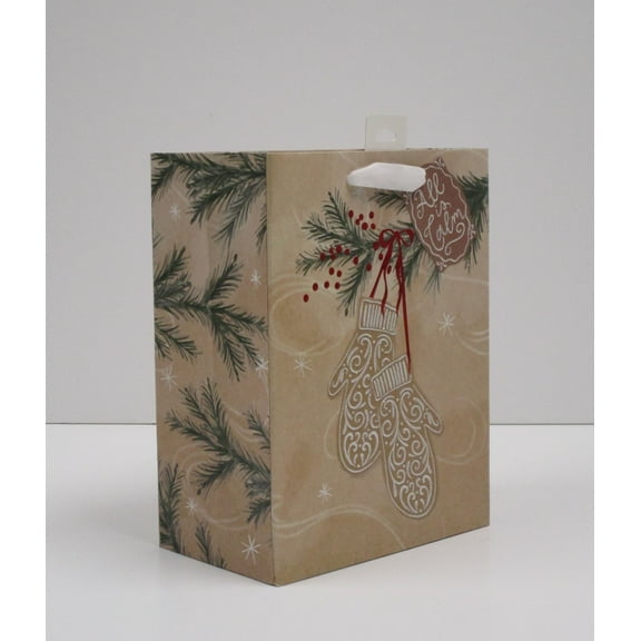 Medium Beige Mittens and Pine Sprigs Kraft Christmas Paper Gift Bag, 7.5" x 4.5" x 9.87", by Holiday Time