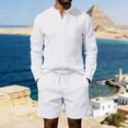thumbnail image 5 of Men's 2 Pieces Cotton Linen Set Band Collar Button Down Shirt with Pocket Long Sleeve and Shorts Summer Beach Yoga Matching Outfits White, 5 of 8