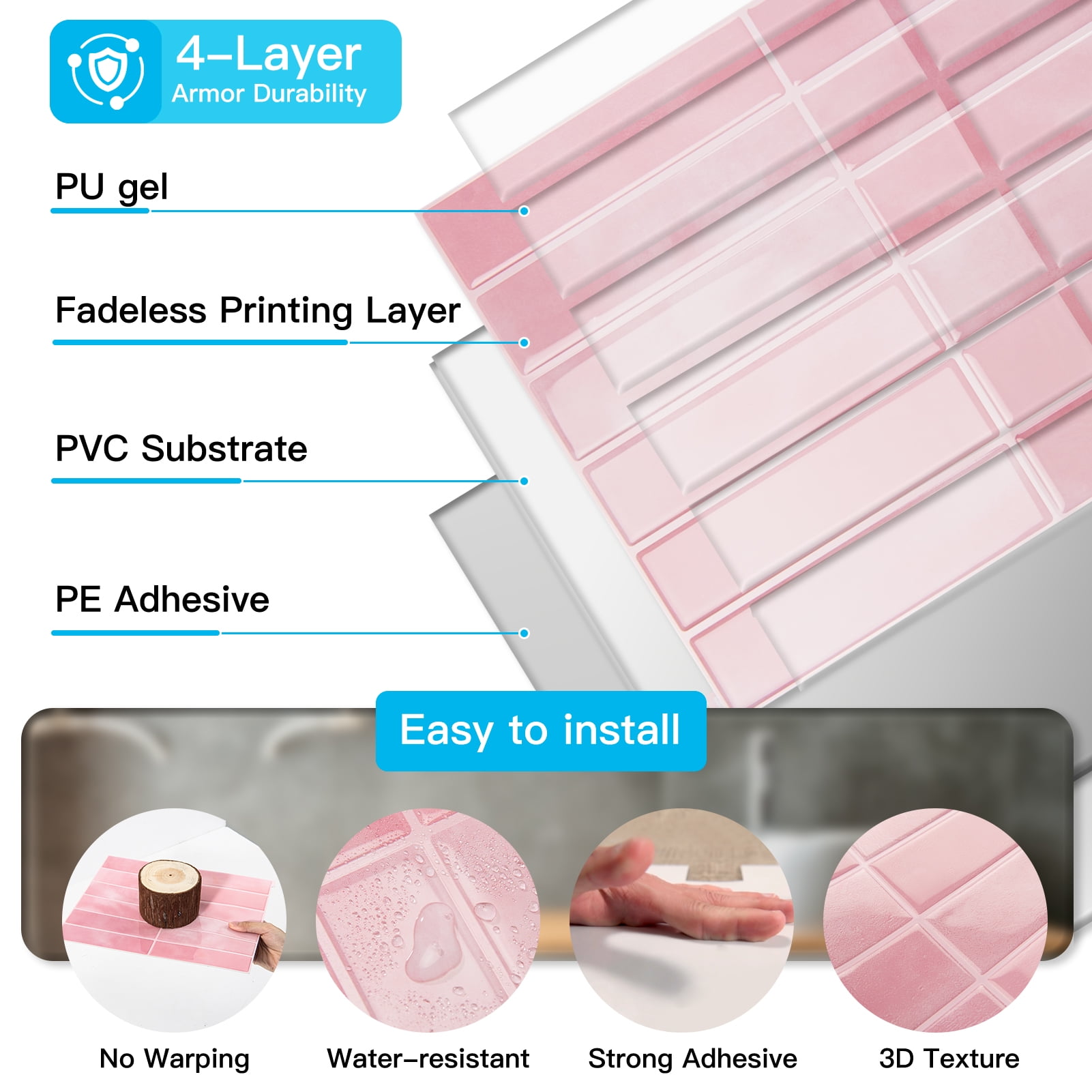 10Pcs Peel and Stick Backsplash Tile,11.4'' x 9'' Subway Tile,Self-Adhesive Wall Tiles for Kitche,Bathroom,RV,Thicker Design in Pink