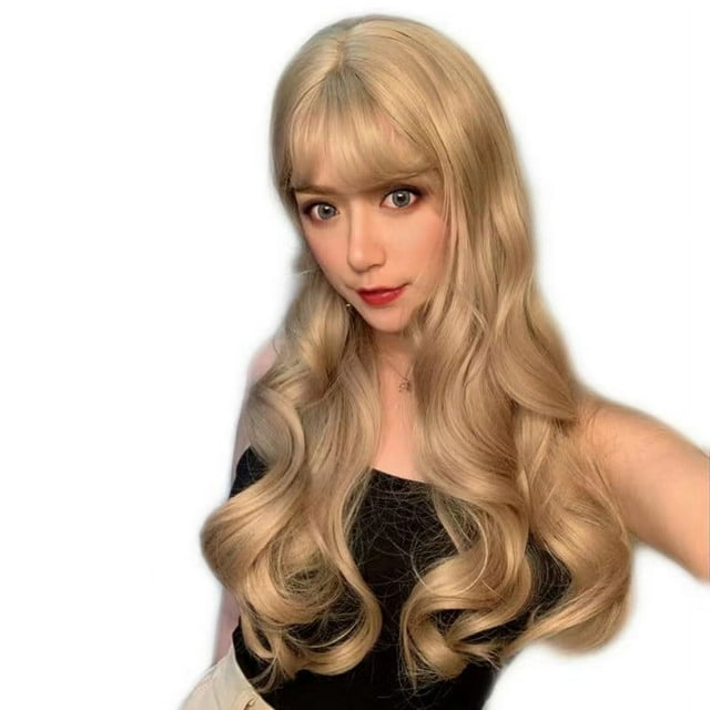 Peluca larga ondulada de 25 pulgadas para mujer con flequillo, rubia, de fibra química, con cabello largo y rizado, cubrecabezas.