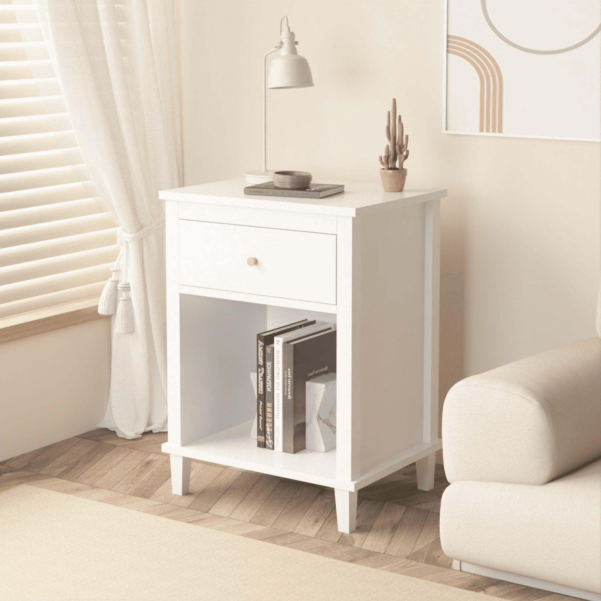 Yoneston Modern Nightstand with Drawer and Open Shelf, Simple Bedside Table for Bedroom, Kids Room, White