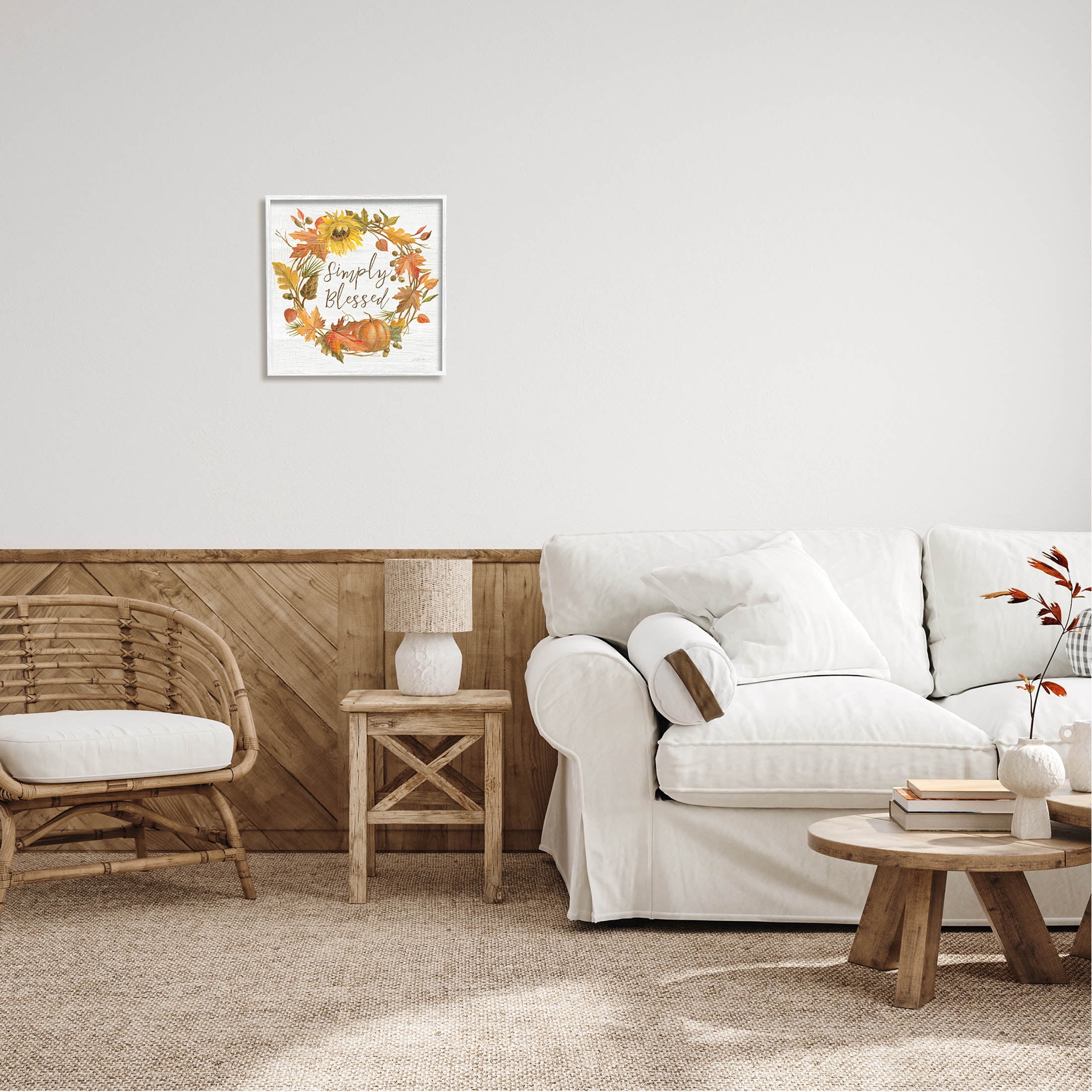 Stupell Industries Simply Blessed Autumn Wreath Graphic Art White Framed Art Print Wall Art, Design by Silvia Vassileva