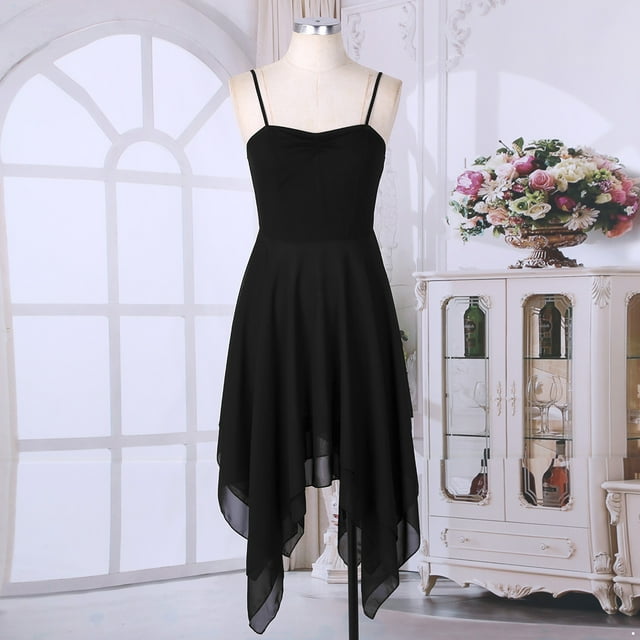 inhzoy Robe de Danse Lyrique pour Femmes en Chiffon Bretelles Spaghetti Asymétrique Robe de Bal Noire m