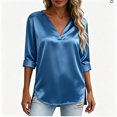thumbnail image 7 of Silky Satin V Neck Blouse for Women Roll Cuffed 3/4 Sleeve Loose Tunic Shirts Business Casual Tops Lightweight Summer Trendy Outfits Black, 7 of 7