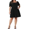 thumbnail image 2 of Agnes Orinda Women's Plus Size Summer Babydoll Dress Smocked Square Neck Short Puff Sleeve Casual A Line Midi Dress 1X Black, 2 of 6