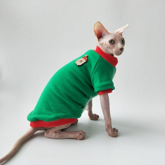 Sphynx Cat Clothes, Hairless Cat Apparel, Cat Sweaters for Cats Only, Pet Cats Coat, Devon Cornish Cat Clothing for Christmas, Cat Onesie with Hat Scarf Full Set (Medium, Green)