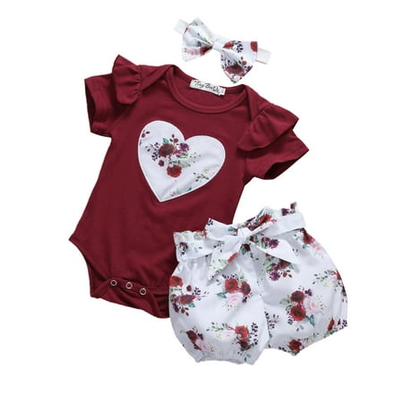 

Sunisery Newborn Baby Girls Kid Clothes Jumpsuit Tops + Flowers Shorts + Headband 3PCS Red 0-6 Months