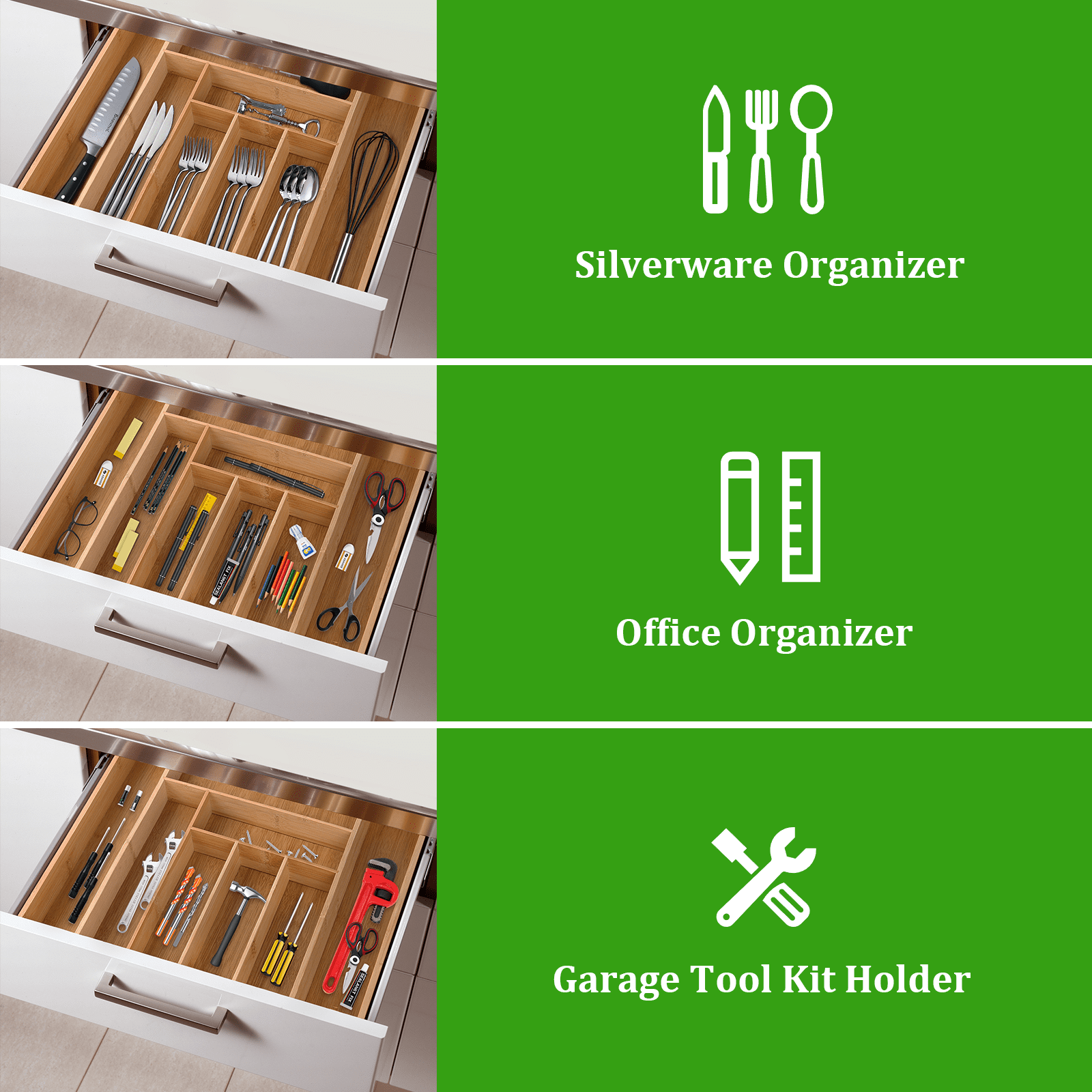 KitchenTrend Bamboo Expandable Drawer Organizer for Kitchen - Adjustable Utensil Tray 6-8 Slots