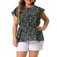 thumbnail image 1 of Blusas de mujer plus de GRACE & GRANDEUR, cuello redondo, con flores, cintura con lazo, mangas cortas acampanadas, talla 1X, color negro, 1 of 1