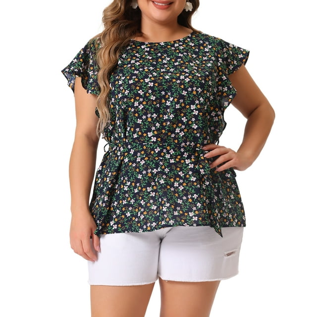 Blusas de talla grande para mujeres Agnes Orinda para el Día de la Madre, con cuello redondo, floral, con lazo en la cintura, mangas cortas acampanadas, 3X, negro