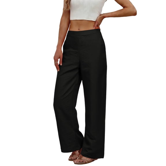 Womens Casual Cotton Linen Pants Lightweight Summer Relax Fit Elastic Waist Straight Leg Plus Size Solid Lounge Long Trousers Black XL