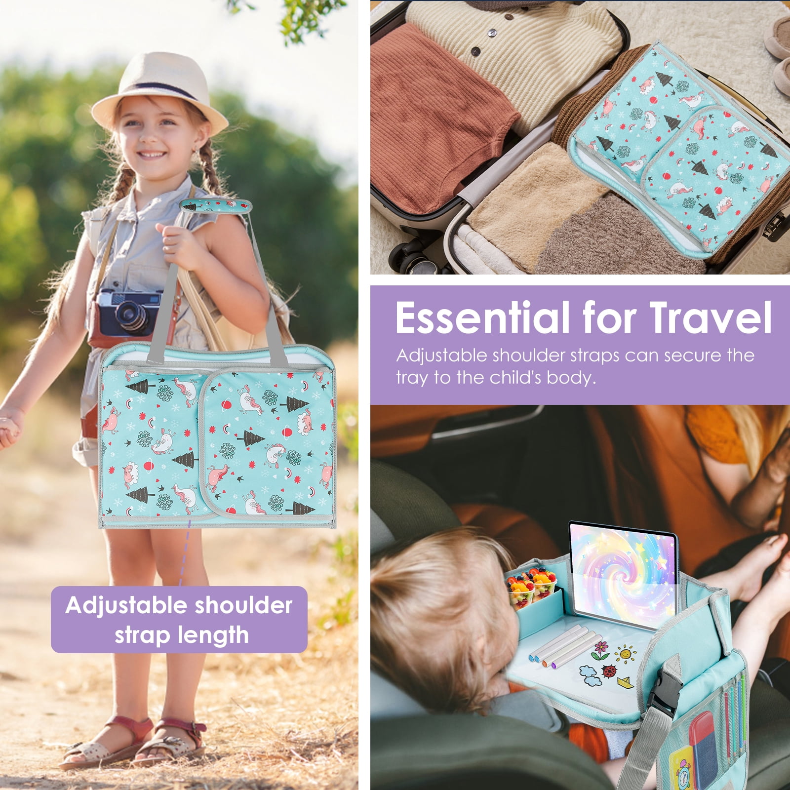 Carseat Table Tray for Kids Polyester Made Portable Drawing Board with Padded Shoulder Strap for Road Trip Activities