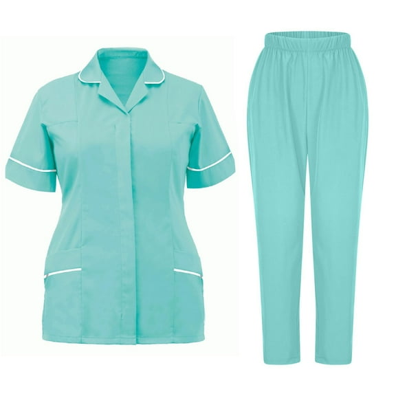Scrubs for Women Scrub Set Stretch V-Neck Collar Nurse Uniforms Short-Sleeved Long Pants Workwear with Pockets Light Green M