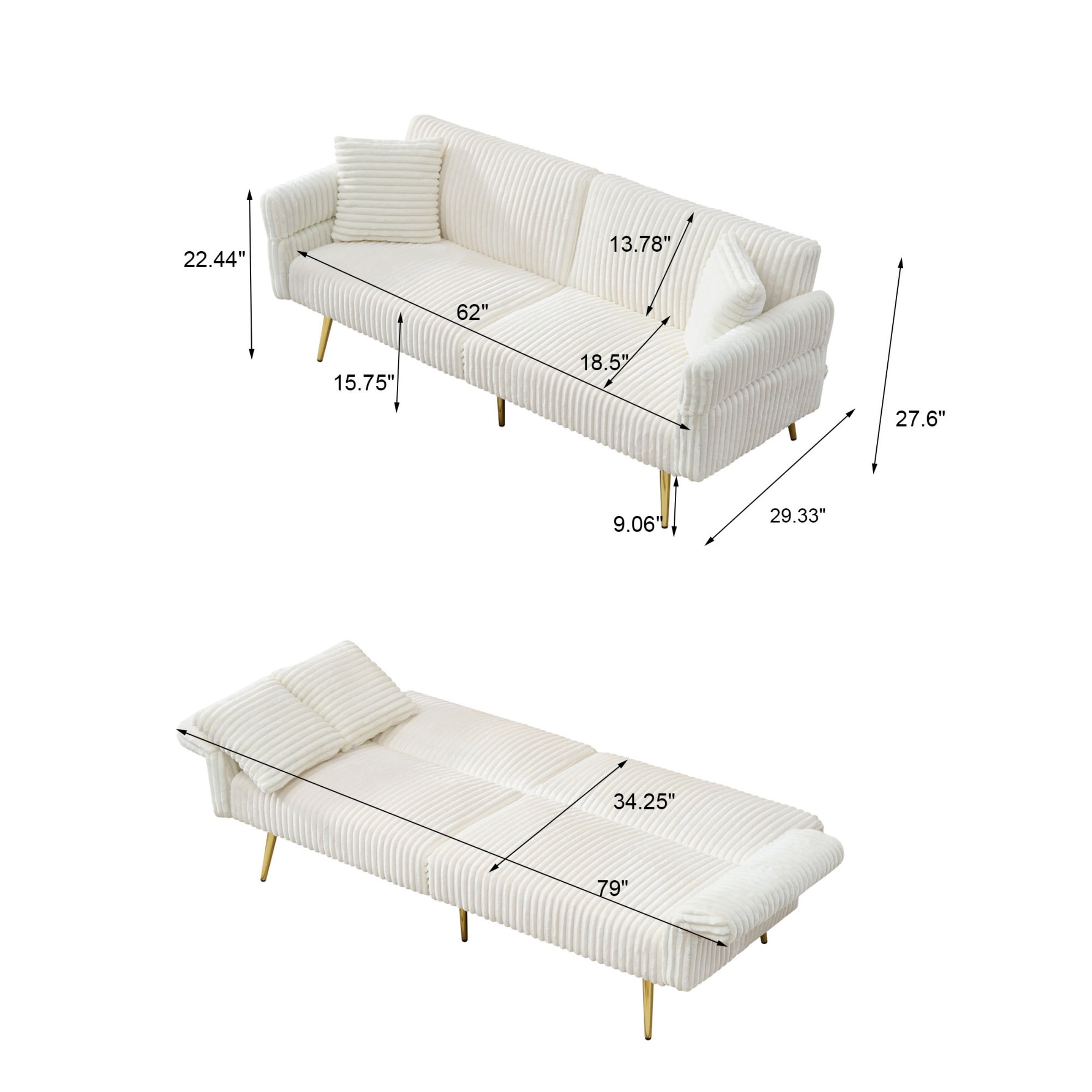 79 inch Convertible Folding Futon Sofa Bed Sleeper Couch for Living Room Corduroy Upholstered Recliner Loveseat Lounge wtith Adjustable Armrests,2 Throw Pillows,White