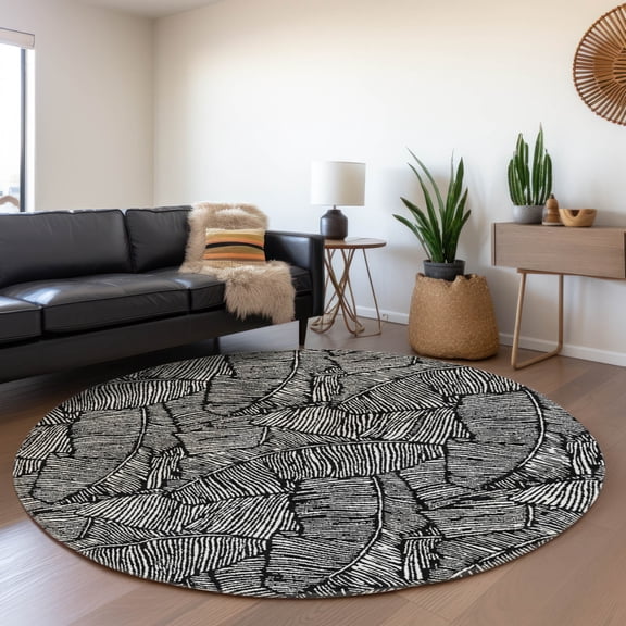 Addison Rugs Chantille Indoor/Outdoor Transitional Floral Black Washable Round Rug, 8' x 8'