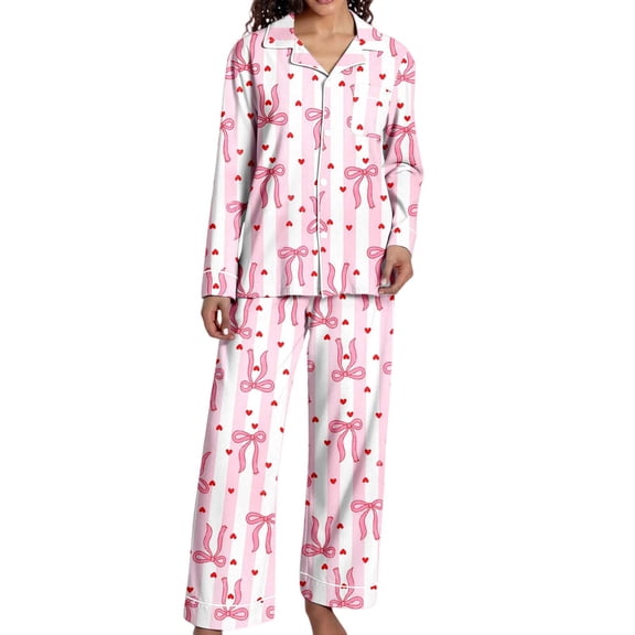 SJLDQY Valentines Women's Pajamas Set 2 Peice Pjs Set for Women Valentine's Day Bowknot Graphic Long Sleeve Pajama Tops Pants Soft Comfy Homewear Sleepwear Outfits