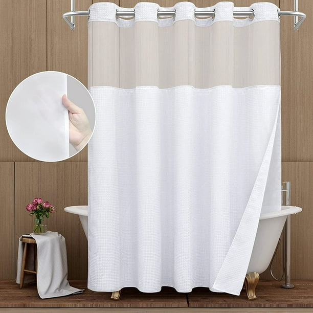 Hotel Shower Curtain 71x74 inches with Snap in Liner No Hook White Waffle  Fabric Cloth Ringless Textured Heavy Duty Luxury Farmhouse See Through Bathroom  Curtains Set 