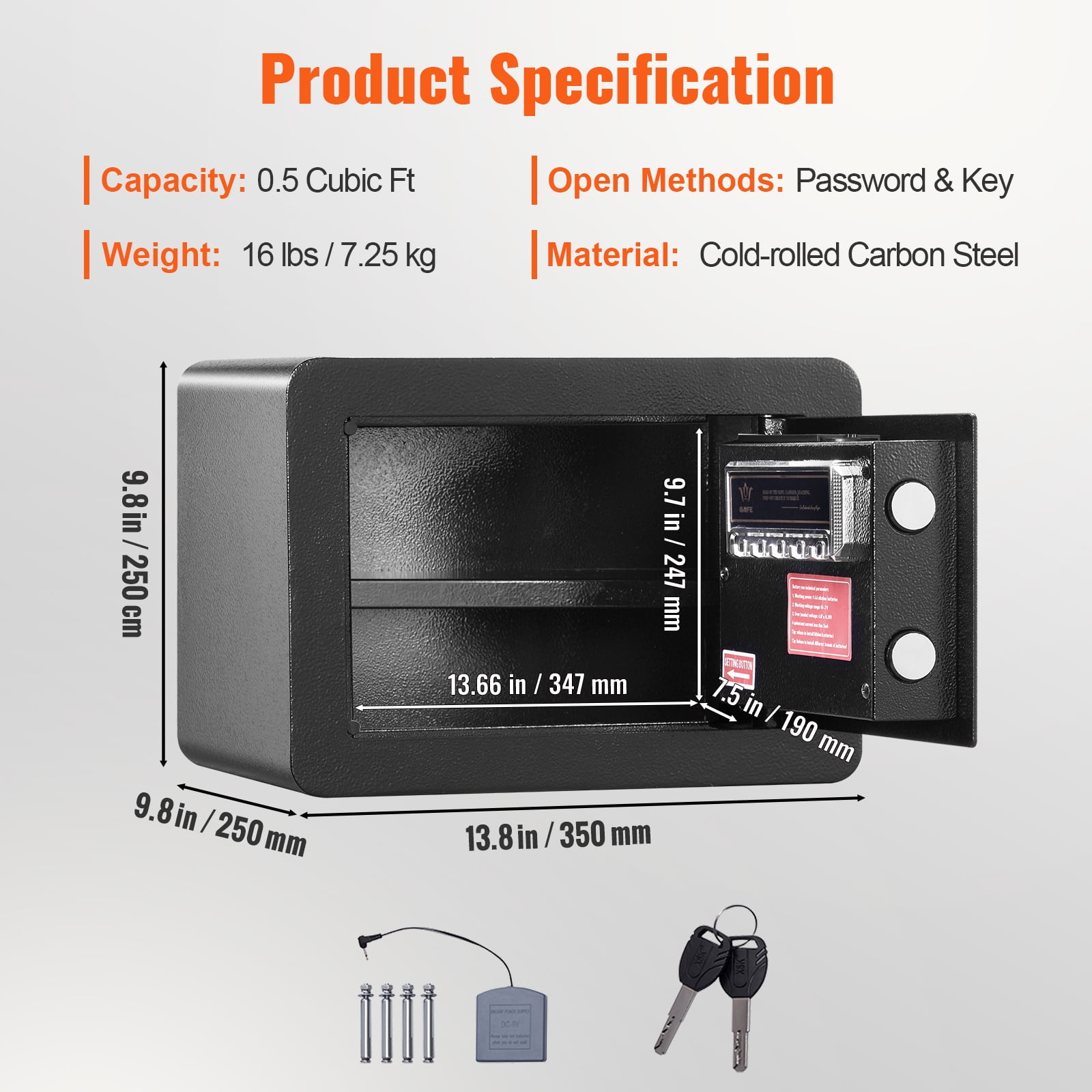 KFFKFF Safety Box, 0.5 Cubic Feet Residential Security Box, Steel Protection Box with Digital Lock and 2 Keys, Wall-Installed Storage Box for Money, Precious Metals, Jewelry
