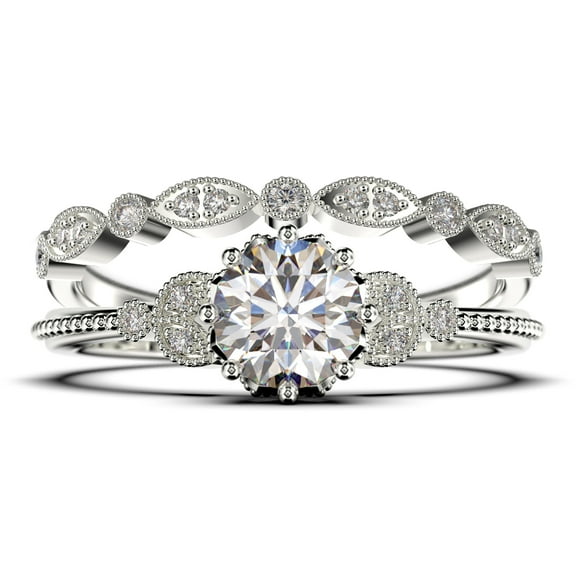 Beautiful 1.75 Carat Round Cut Diamond Moissanite Floral Engagement Ring, Antique Wedding Ring, One Matching Band in 925 Sterling Silver With 18k White Gold Plating, Gift For Her