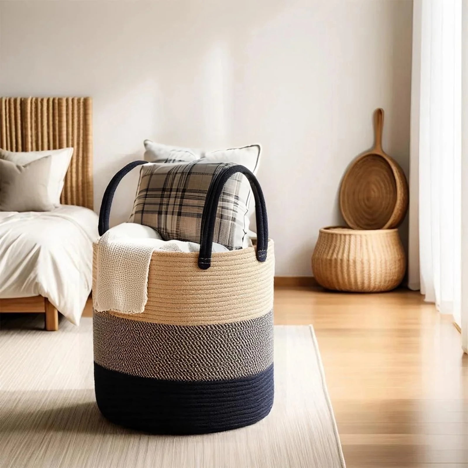 PinkSheep Laundry Basket, Collapsible Woven Cotton Rope Laundry Hamper Storage Baskets with Handles, Khaki Black