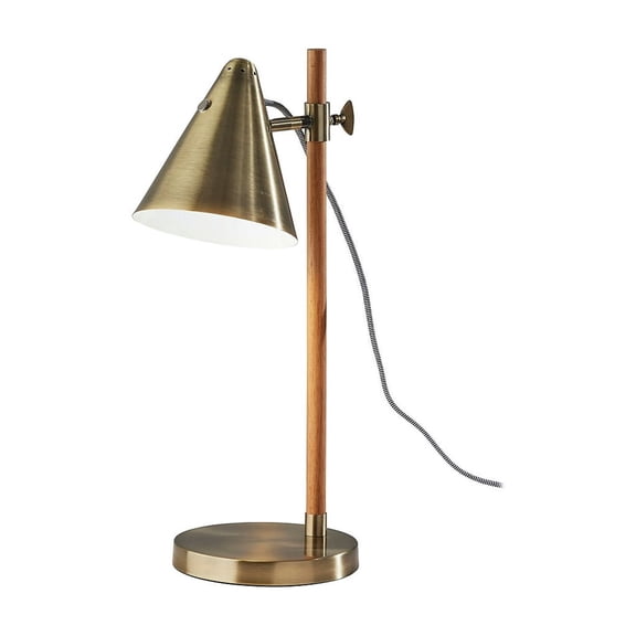 Adesso Bryn Desk Lamp, Natural RubberWood Base & Antique Brass, Antique Brass Shade