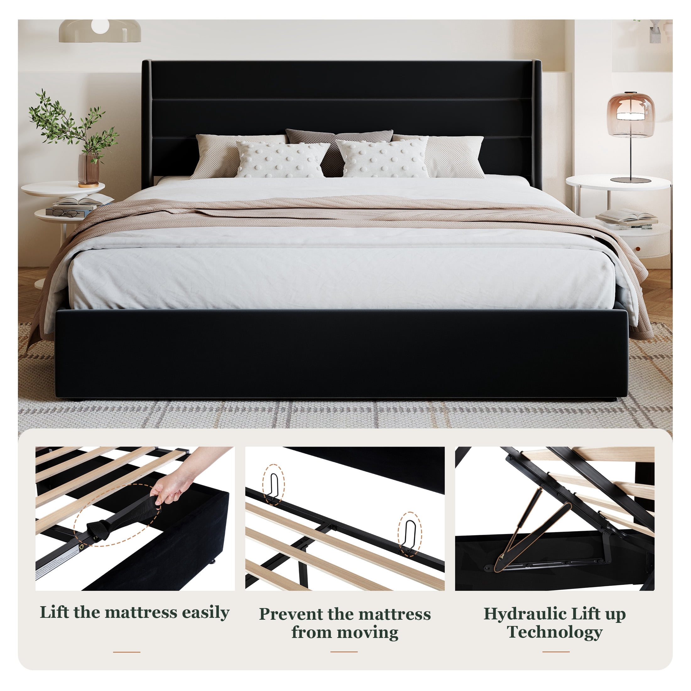 Amolife King Size Bed Frame, Velvet Lift Up Storage Platform Bed with Upholstered Panel Wingback Headboard, Black