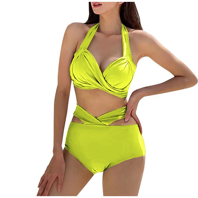Women Two Piece High Waisted Bikini Set Twist Front Tie Back Swimsuit Halter Tummy Control Bathing Suits