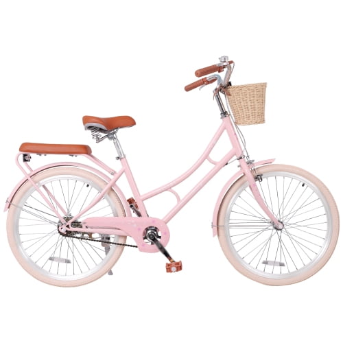 RAISTYW 22 Inch Beach Cruiser Bike for Girls, Commuter Bicycle with Front Basket , High Carbon Steel Frame, Comfortable City Bike for Outdoor Riding Pink