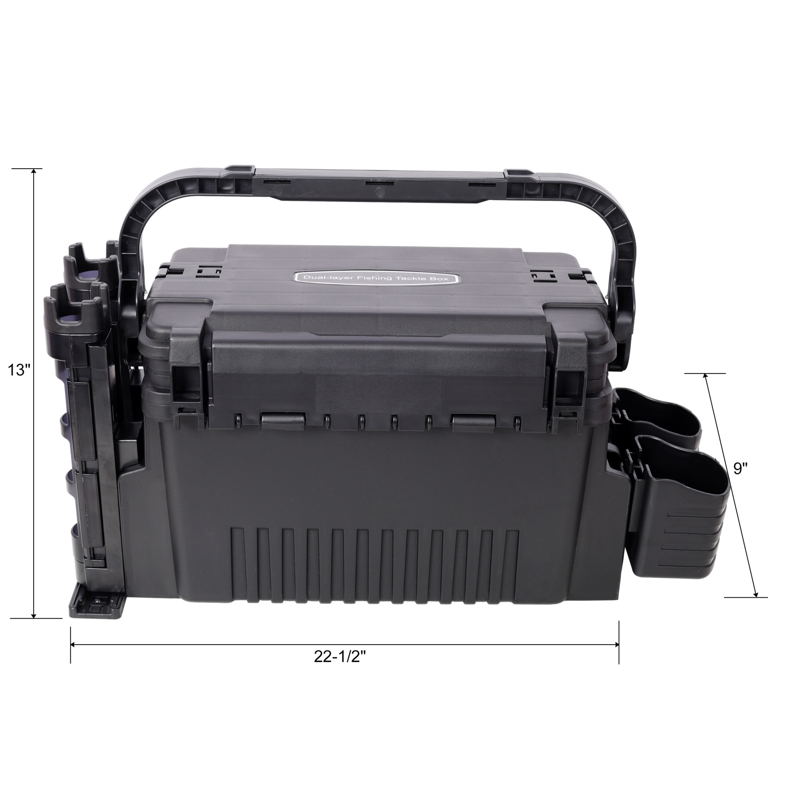 Dual-layer Fishing Tackle Box, Tackle Box Organizer with Rod Holders, Cup Holders and Carring Strap, Portable Tackle Box for Fishing Lure Storage Organization, Black