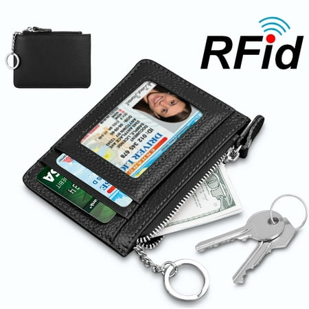 Njjex Rfid Blocking Front Pocket Wallet with Key Ring, Secure Credit Card Wallet Mini Card Holder with Zipper and Id Window, Genuine cowhide Leather Durable Slim Wallets