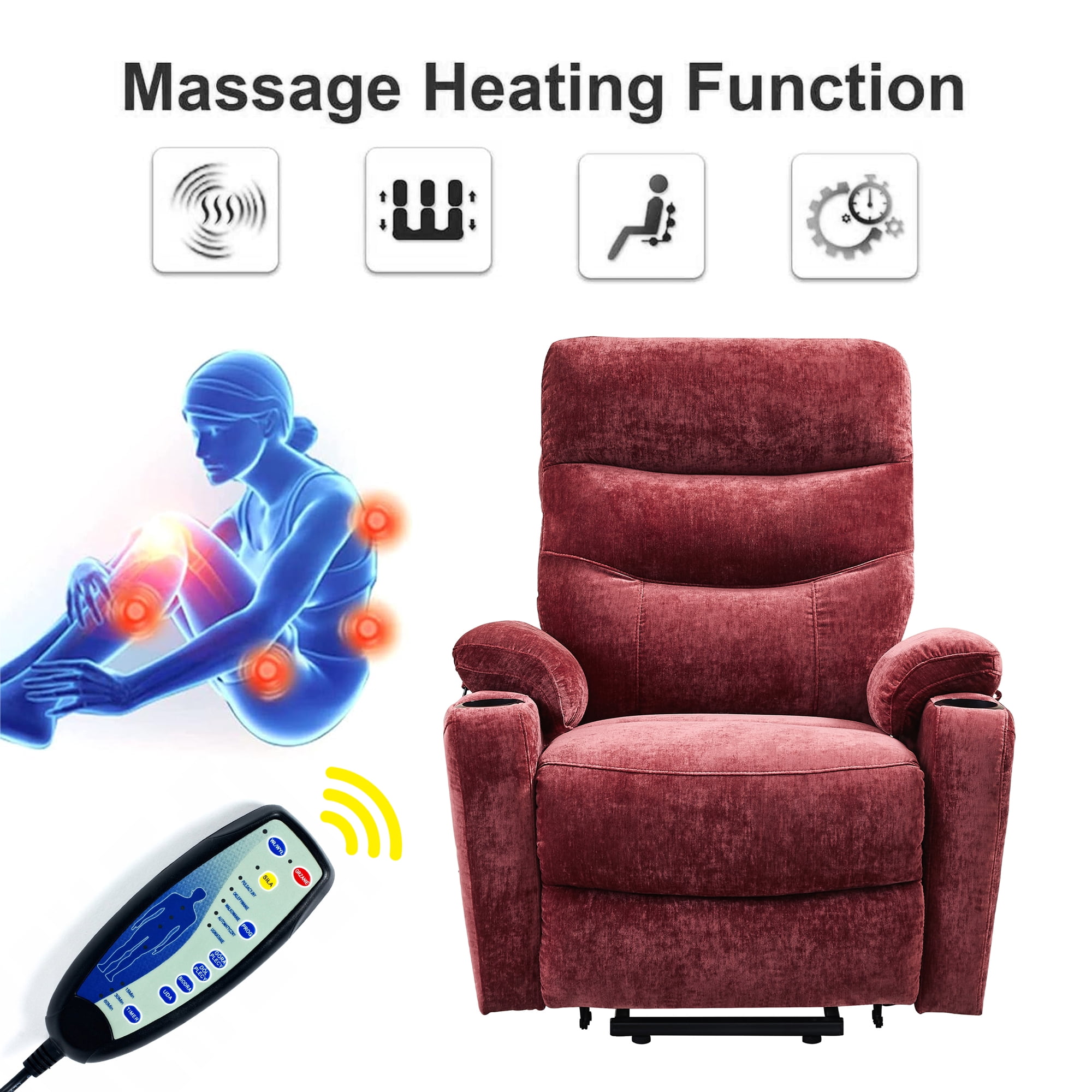 Aukfa Electric Power Lift Recliner Chair with Massage and Heat, USB Ports, 2 Side Pockets, Cup Holders for Elderly, Red