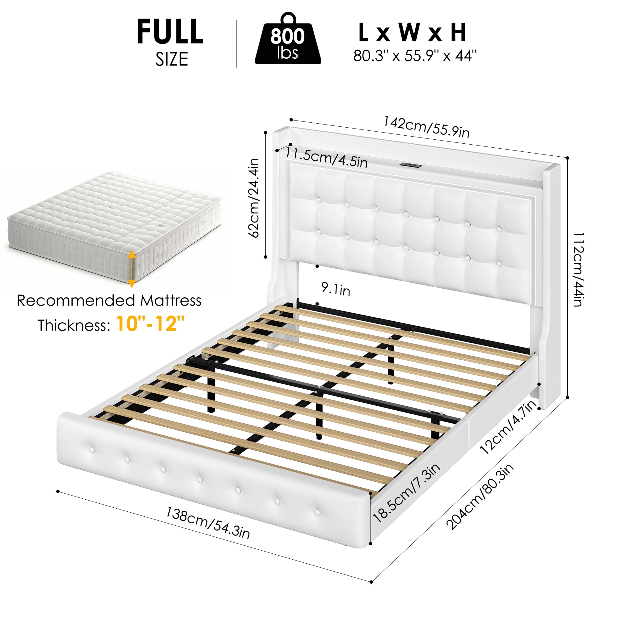 Homfa Full Size Floating Bed with LED Lights Charging Station, Modern PU Upholstered Platform Bed with Storage Headboard, White