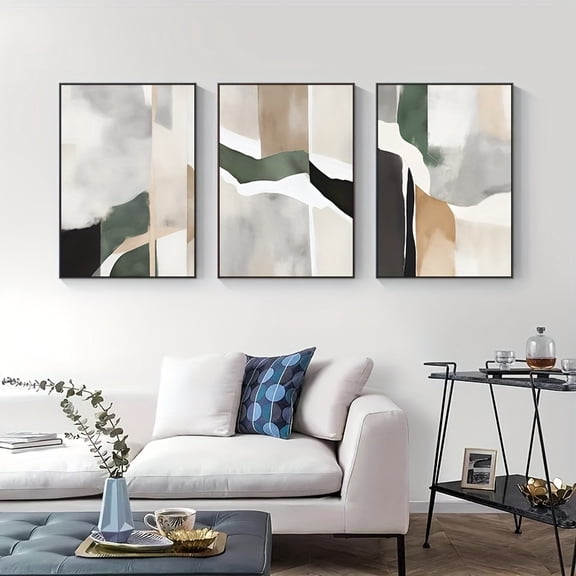 [3pcs Abstract Geometric Canvas Art] 3pcs Abstract Geometric Canvas Wall Art Set, Unframed Modern Minimalist Posters, Nordic Style, Black Beige Green, for Living Room, Bedroom, Office, Home Decor