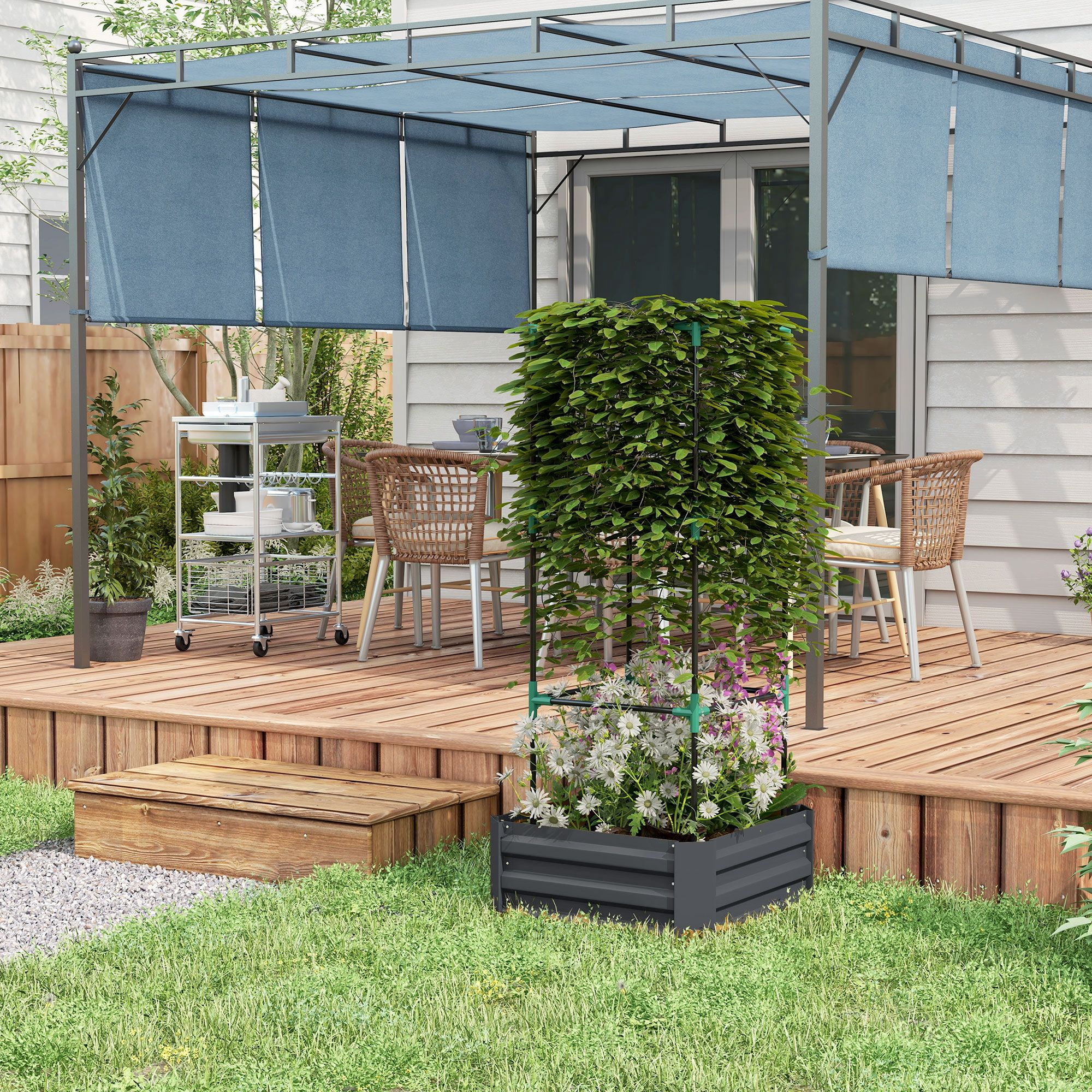 Outsunny Galvanized Steel Raised Garden Bed with Adjustable Tomato Cage Trellis, 24" x 24" x 55" Dark Gray Metal Planter for Vegetables and Climbing Vines, Outdoor Patio & Backyard