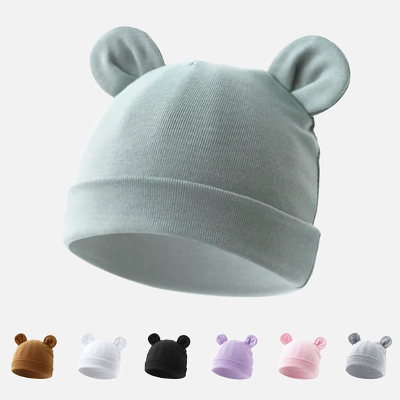 Ferjadq Newborn Infant Baby Simple Bear Ear Ribbed Knit Beanie Hat Cuffed Soft Warm Skull Cap for Daily Wear Black,One Size