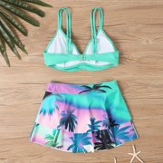 Fewfanhot Women's Tropical Palm Print Bikini Set, Halter Triangle Top & Ruffled Swim Skirt Adjustable Tummy Control Two Piece Bathing Swimsuit with UPF50