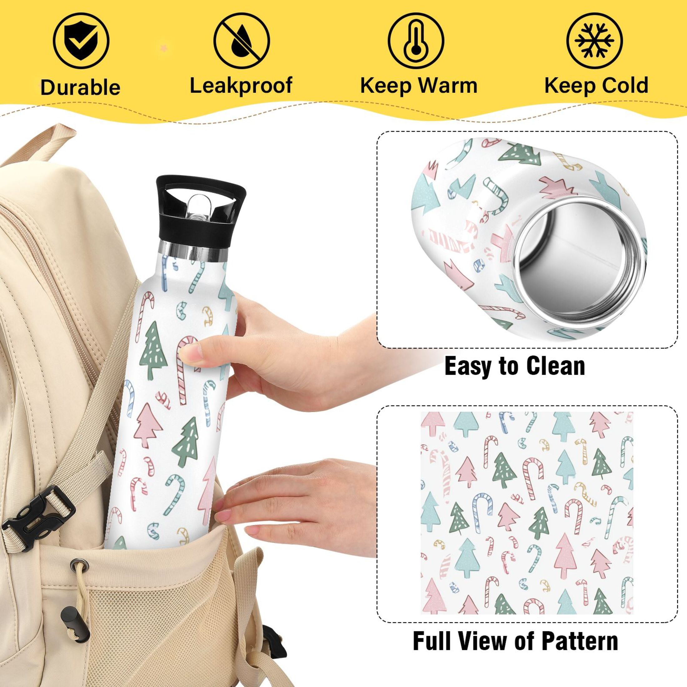 600ML Stainless Steel Insulated Cup Sports Water Bottle Portable Thermos Cup Water Glasses Insulated Tumblers Convenient and Durable Colorful Christmas Tree Cute